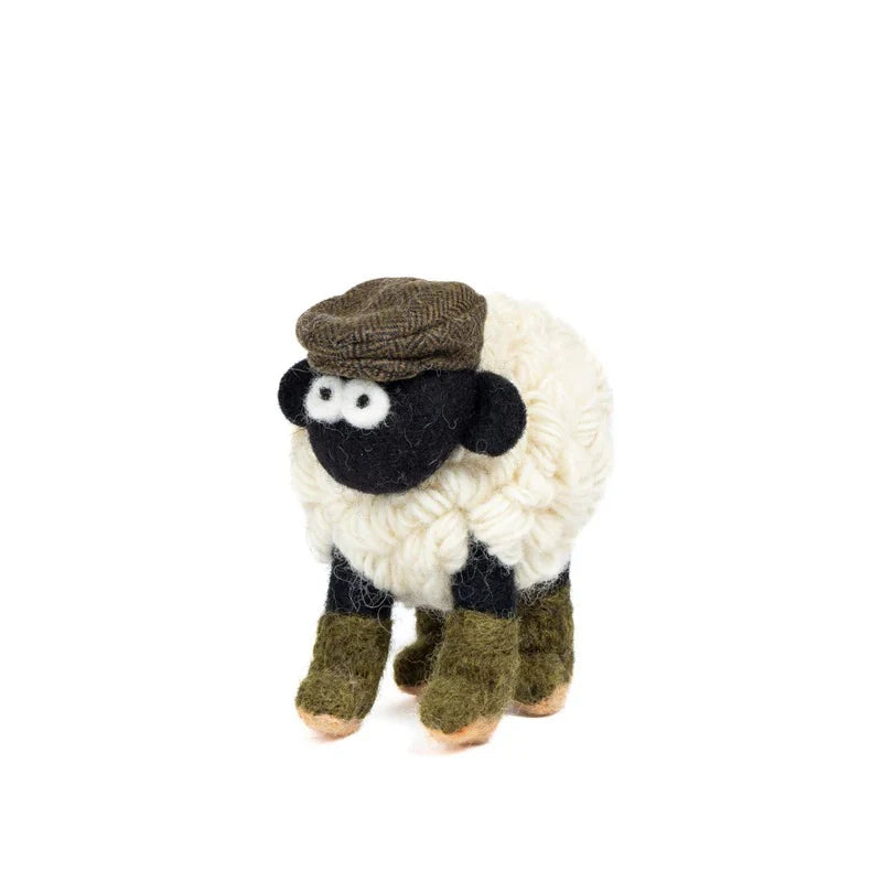 Knitted Sheep w/ Boots & Green Flat Cap