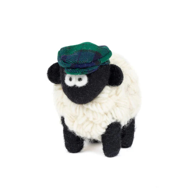 Knitted Sheep with Blue & Green Tartan Cap