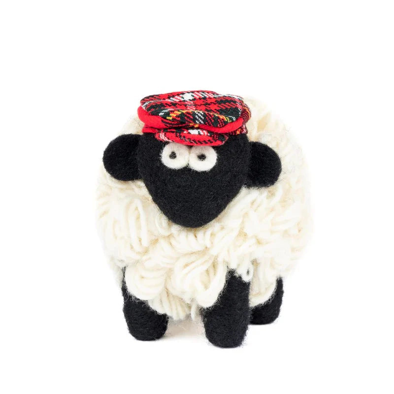 Knitted Sheep with Red Tartan Cap